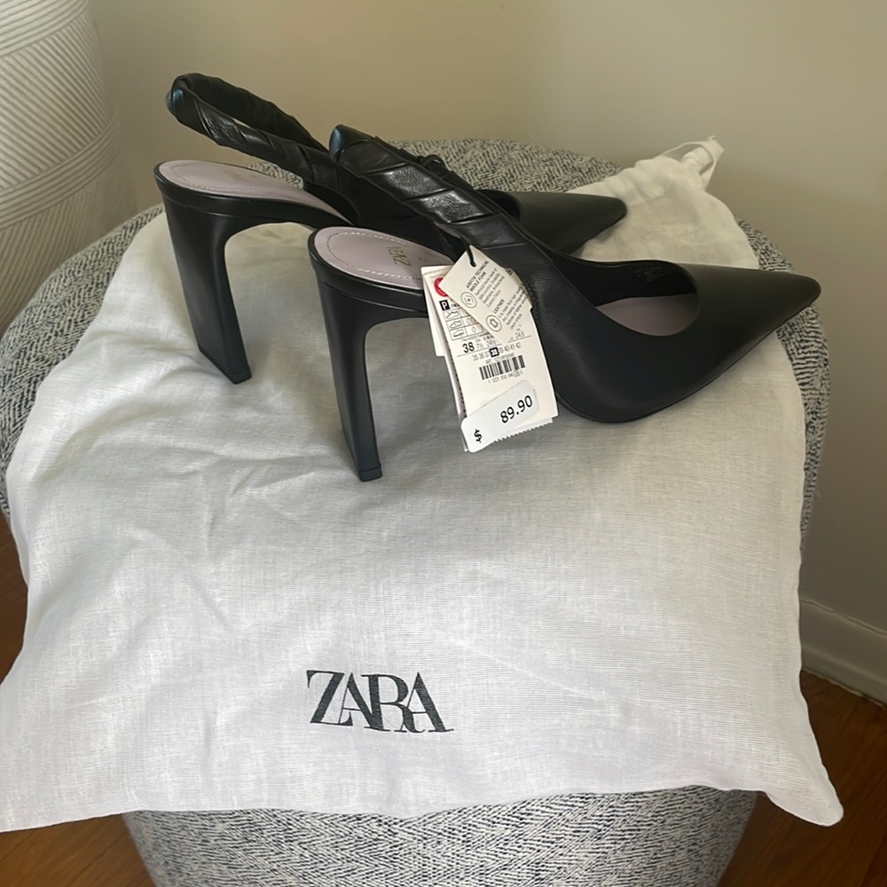 Black wide heel sling back point toes heels Zara